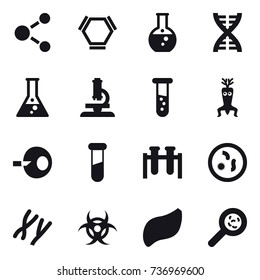 16 vector icon set : molecule, hex molecule, round flask, dna, flask, microscope, vial, dna modify, viruses