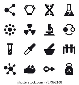 16 vector icon set : molecule, hex molecule, dna, flask, round around, nuclear, microscope, quantum bond, vial, fertilizer