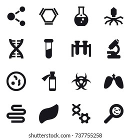 16 vector icon set : molecule, hex molecule, round flask, virus, dna, viruses
