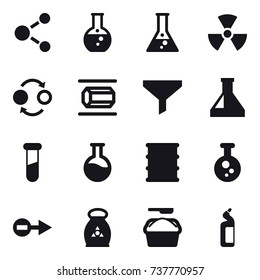 16 vector icon set : molecule, round flask, flask, nuclear, quantum bond, nanotube, funnel, fertilizer, washing powder, toilet cleanser