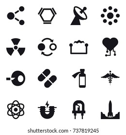 16 vector icon set : molecule, hex molecule, satellite antenna, round around, nuclear, quantum bond, electrostatic, cardio chip