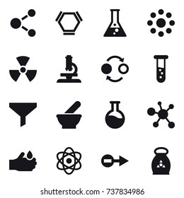 16 vector icon set : molecule, hex molecule, flask, round around, nuclear, microscope, quantum bond, vial, funnel, fertilizer