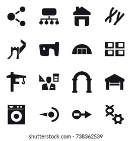 16 vector icon set : molecule, structure, home, great wall, slum, hangar, panel house, tower crane, architecture, arch, garage, washing machine