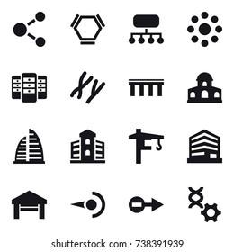 16 vector icon set : molecule, hex molecule, structure, round around, server, bridge, mansion, skyscraper, building, tower crane, garage
