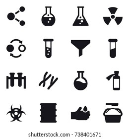16 vector icon set : molecule, round flask, flask, nuclear, quantum bond, vial, funnel, washing powder