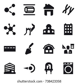 16 vector icon set : molecule, nanotube, home, greate wall, mansion, building, bunker, construction, house, architector, washing machine