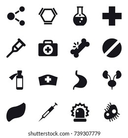 16 vector icon set : molecule, hex molecule, round flask, microb