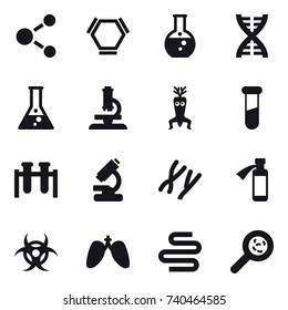 16 vector icon set : molecule, hex molecule, round flask, dna, flask, microscope, dna modify, viruses