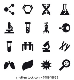16 vector icon set : molecule, hex molecule, dna, flask, microscope, vial, dna modify, viruses