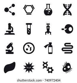 16 vector icon set : molecule, hex molecule, round flask, dna, microscope, vial, dna modify, microb