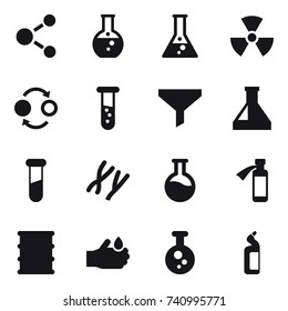 16 vector icon set : molecule, round flask, flask, nuclear, quantum bond, vial, funnel, toilet cleanser