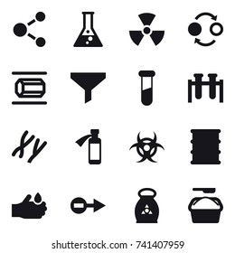 16 vector icon set : molecule, flask, nuclear, quantum bond, nanotube, funnel, fertilizer, washing powder