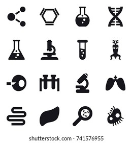 16 vector icon set : molecule, hex molecule, round flask, dna, flask, microscope, vial, dna modify, viruses, microb