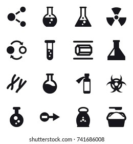 16 vector icon set : molecule, round flask, flask, nuclear, quantum bond, vial, nanotube, fertilizer, washing powder