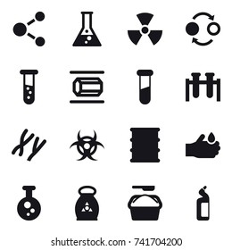16 vector icon set : molecule, flask, nuclear, quantum bond, vial, nanotube, fertilizer, washing powder, toilet cleanser