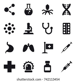 16 vector icon set : molecule, round flask, virus, dna, round around, microscope, pills bottle, syringe