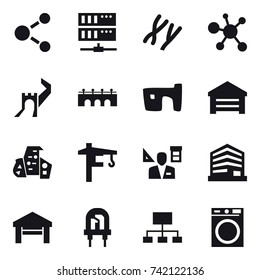16 vector icon set : molecule, server, great wall, bridge, slum, garage, modern architecture, tower crane, architecture, hierarchy, washing machine