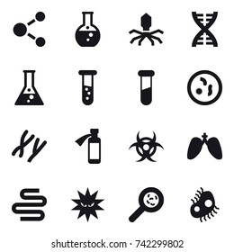 16 vector icon set : molecule, round flask, virus, dna, flask, vial, viruses, microbe