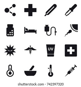 16 vector icon set : molecule, uv cream, first aid, mortar, thermometer, syringe