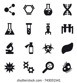 16 vector icon set : molecule, hex molecule, round flask, dna, flask, vial, dna modify, viruses, microb