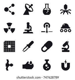 16 vector icon set : molecule, satellite antenna, round flask, virus, nuclear, microscope, laser, lunar rover, cpu