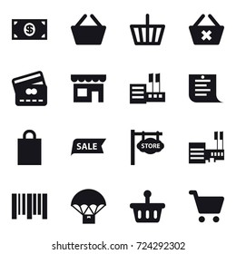 16 vector icon set : money, basket, delete cart, credit card, shop, store, shopping list, shopping bag, sale, store signboard, mall