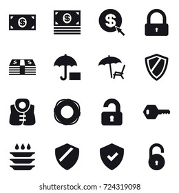 16 vector icon set : money, dollar arrow, lock, lounger, shield, life vest, lifebuoy, unlocked, key, plate washing