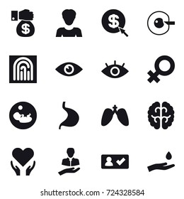 16 vector icon set : money gift, woman, dollar arrow, cell corection, fingerprint, check in, hand and drop