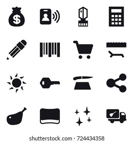 16 vector icon set : money bag, pass card, crystall  memory, calculator, pencil, lounger, sun, key, cutting board, sponge, shining, home call cleaning
