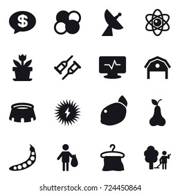 16 vector icon set : money message, atom core, satellite antenna, atom, flower, barn, stadium, pear, peas, trash, hanger, garden cleaning