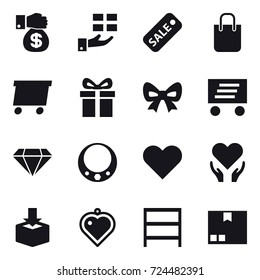 16 vector icon set : money gift, gift, sale, shopping bag, delivery, bow, diamond, necklace, heart pendant, rack, package