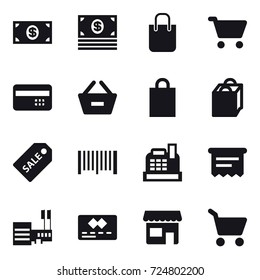 16 vector icon set : money, shopping bag, cart, credit card, remove from basket, sale label, barcode, cashbox, atm receipt, mall, shop