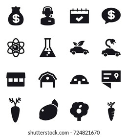 16 vector icon set : money bag, call center, calendar, money message, atom, flask, eco car, electric car, market, barn, dome house, garden, carrot