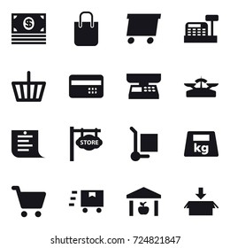 16 vector icon set : money, shopping bag, delivery, cashbox, basket, credit card, market scales, scales, shopping list, store signboard, cargo stoller, warehouse, package