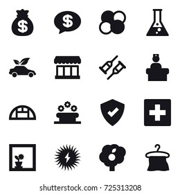 16 vector icon set : money bag, money message, atom core, flask, eco car, market, greenhouse, flower bed, first aid, flower in window, garden, hanger