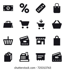 16 vector icon set : money, percent, sale, shopping bag, cart, add to cart, basket, credit card, shop, cashbox, atm receipt