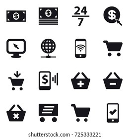 16 vector icon set : money, 24/7, dollar arrow, monitor arrow, globe connect, phone wireless, cart, add to cart, mobile pay, add to basket, remove from basket, delete cart, delivery, mobile checking