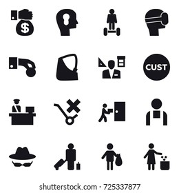 16 vector icon set : money gift, bulb head, hoverboard, virtual mask, hand coin, architector, passenger, trash, garbage bin