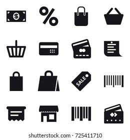 16 vector icon set : money, percent, shopping bag, basket, credit card, shopping list, sale label, barcode, atm receipt, shop