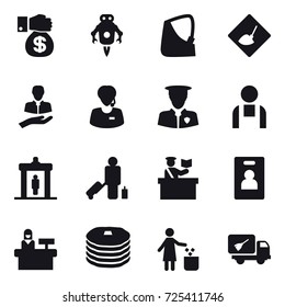 16 vector icon set : money gift, jet robot, under construction, detector, passenger, inspector, identity card, reception, garbage bin, home call cleaning