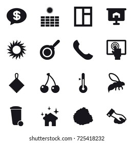 16 vector icon set : money message, sun power, window, presentation, sun, pan, rag, cherry, thermometer, wasp, trash bin, house cleaning, pile of garbage, wiping