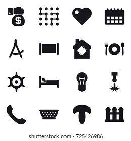 16 vector icon set : money gift, chip, heart, draw compass, fence, smart house, cafe, handwheel, bed, colander, grain elevator
