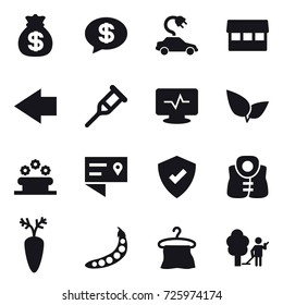 16 vector icon set : money bag, money message, electric car, market, left arrow, flower bed, life vest, peas, hanger, garden cleaning