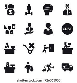 16 vector icon set : money gift, hoverboard, virtual mask, architector, inspector, reception, trash, vacuum cleaner, home call cleaning