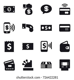 16 vector icon set : money, money gift, money message, tap to pay, phone pay, hand coin, credit card, receipt, mobile pay, wallet, cashbox, atm