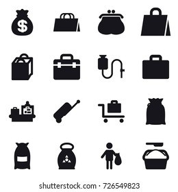 16 vector icon set : money bag, shopping bag, purse, suitcase iocn, baggage checking, suitcase, baggage trolley, flour, fertilizer, trash, washing powder