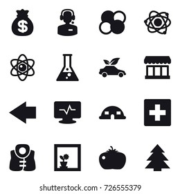 16 vector icon set : money bag, call center, atom core, atom, flask, eco car, market, left arrow, dome house, first aid, life vest, flower in window, tomato, spruce