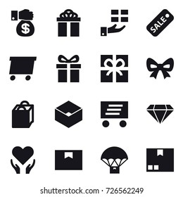 16 vector icon set : money gift, gift, sale, delivery, bow, shopping bag, box, diamond, package
