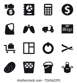 16 vector icon set : money gift, annual report, calculator, dollar coin, baggage trolley, window, pruner, potato, trash bin, foam bucket, apron