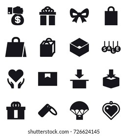 16 vector icon set : money gift, gift, bow, shopping bag, box, sale, heart pendant